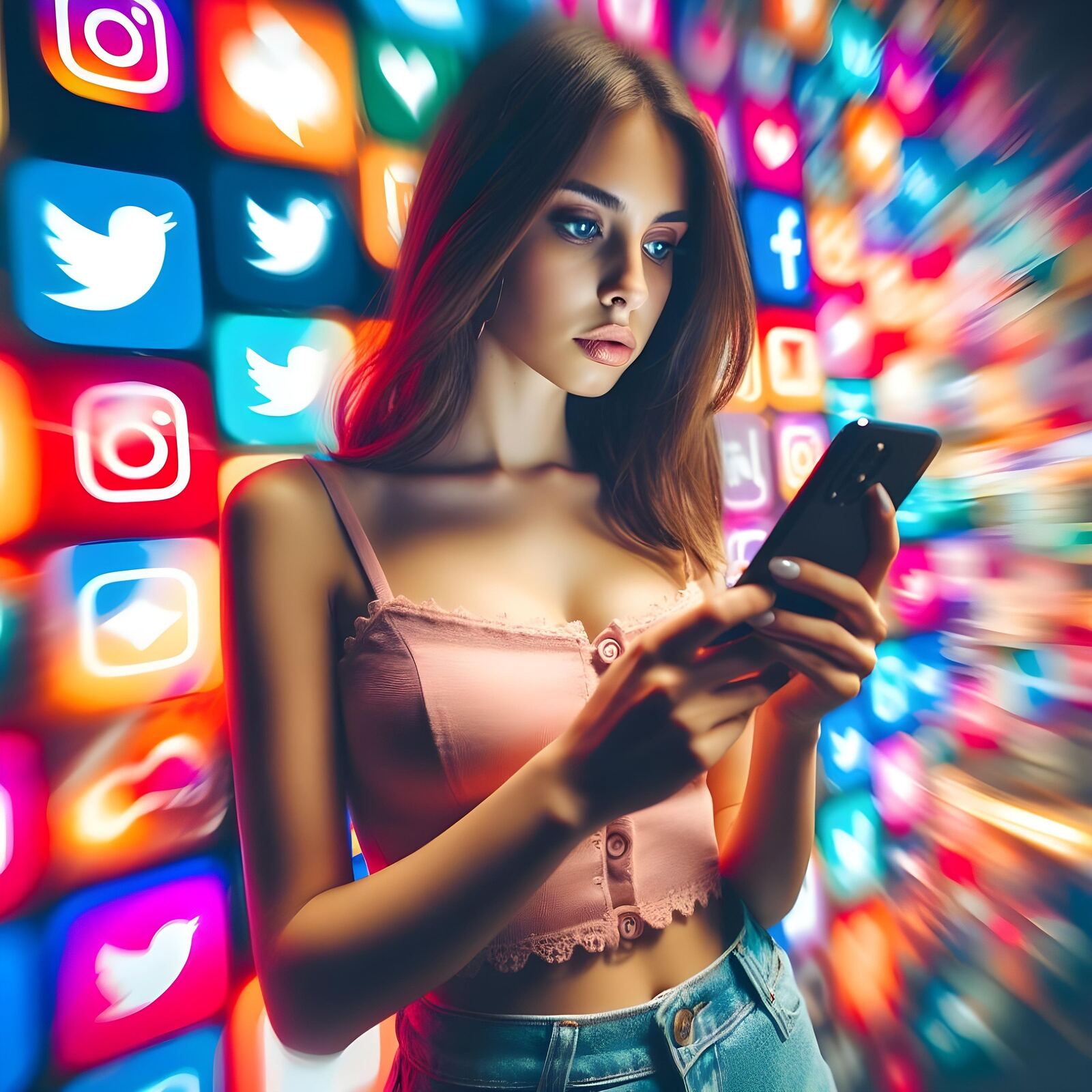 Woman surrounded by social media icons showing 7 ways social media affects mental health